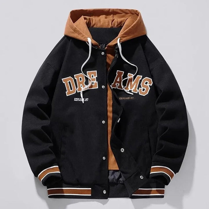 Men's Hooded Varsity Bomber Jacket Snap-Button Relaxed Fit