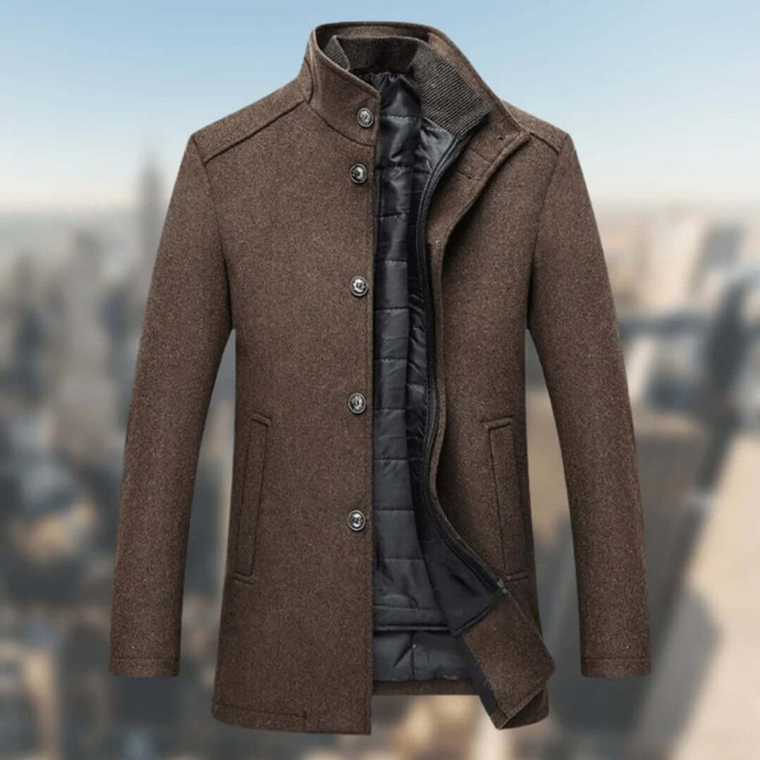 Mens Insulated Standing-Collar Wool-Look Winter Coat Jacket