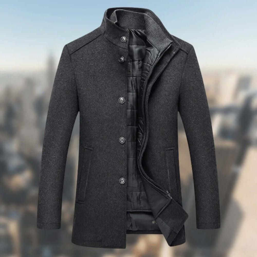 Mens Insulated Standing-Collar Wool-Look Winter Coat Jacket