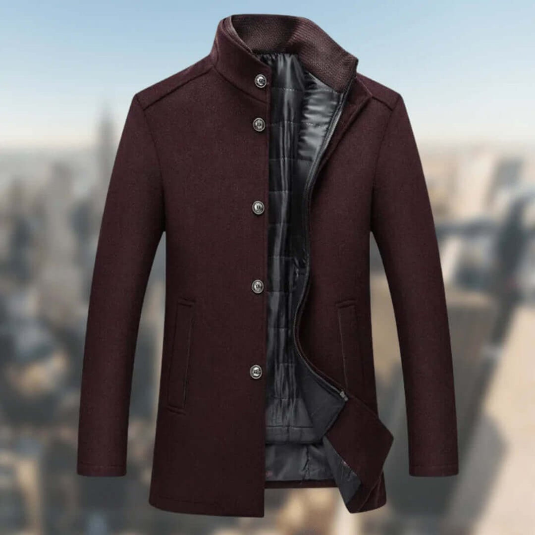 Mens Insulated Standing-Collar Wool-Look Winter Coat Jacket
