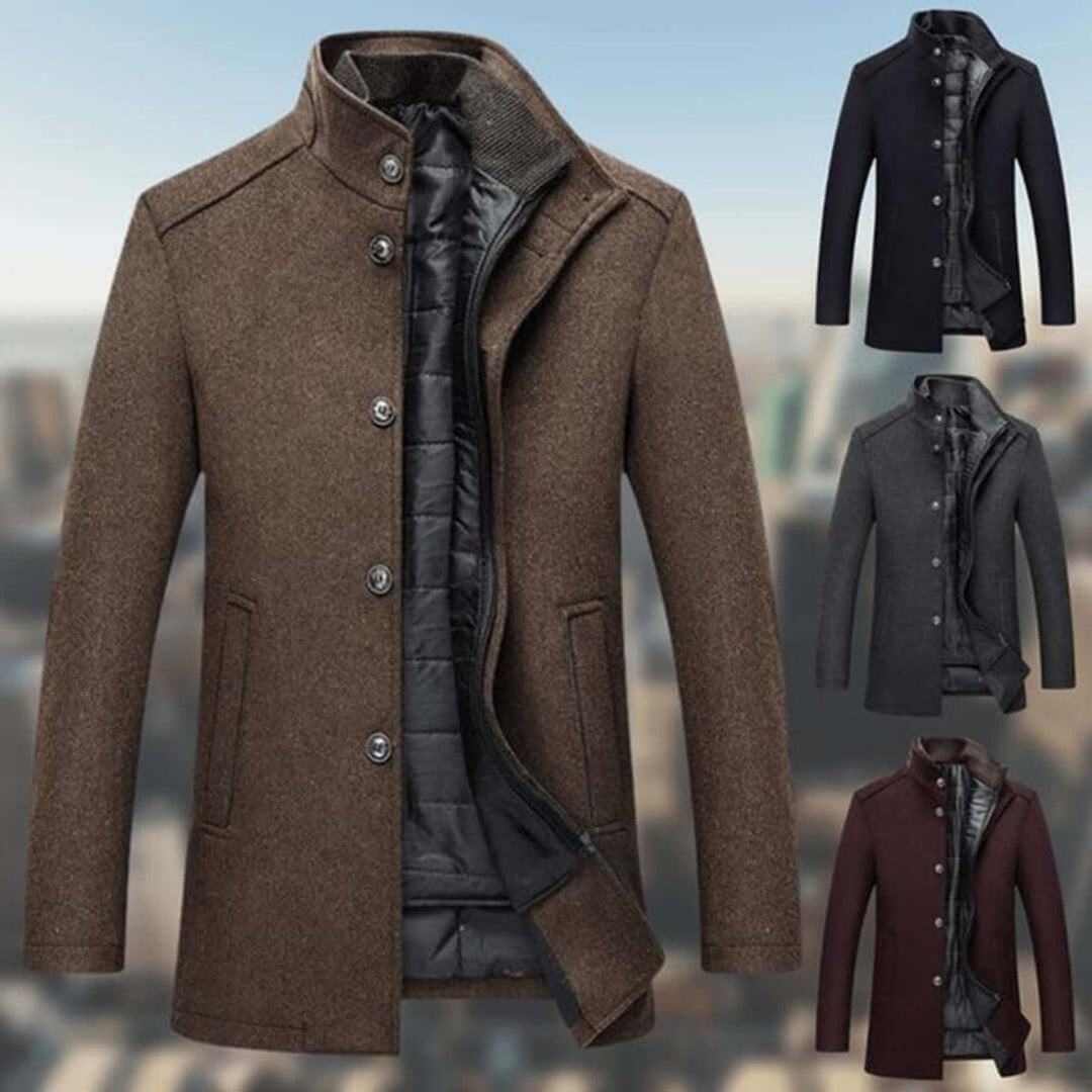 Mens Insulated Standing-Collar Wool-Look Winter Coat Jacket