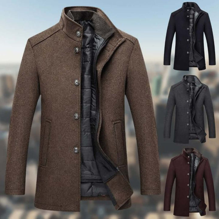 Mens Insulated Standing-Collar Wool-Look Winter Coat Jacket