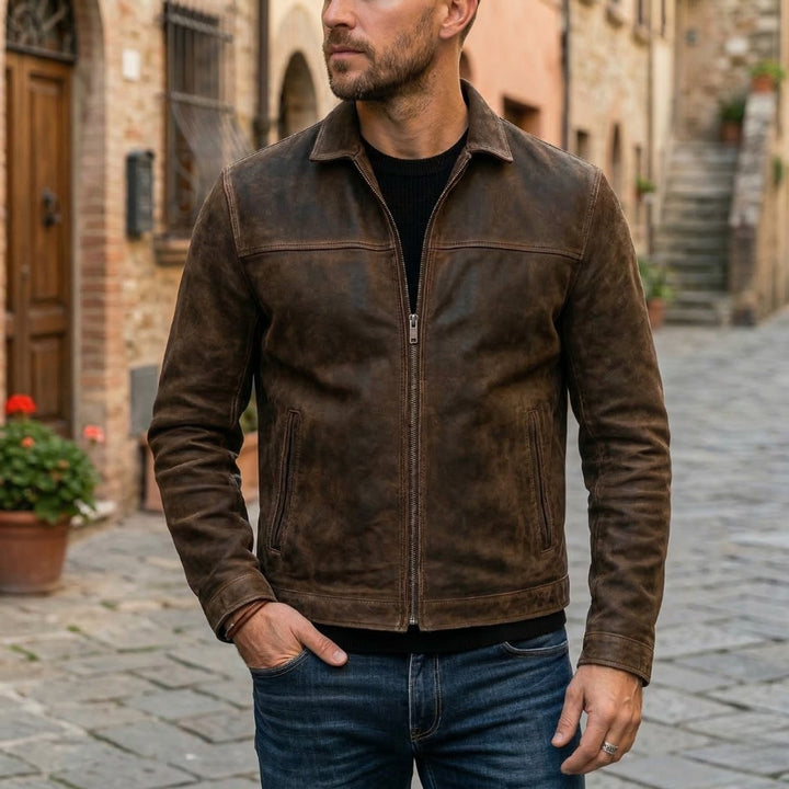 Mens Jacket Fitted Distressed Leather Full-Zip Bomber