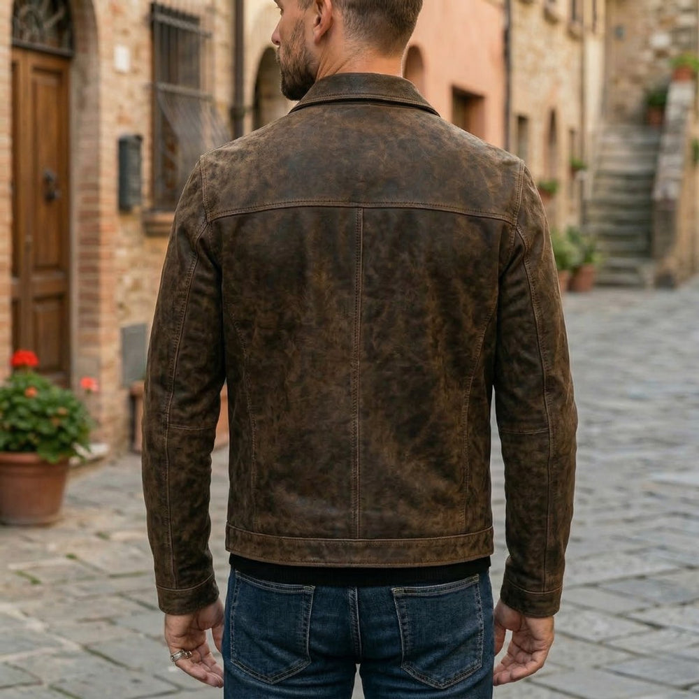Mens Jacket Fitted Distressed Leather Full-Zip Bomber