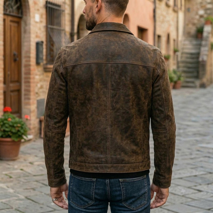 Mens Jacket Fitted Distressed Leather Full-Zip Bomber
