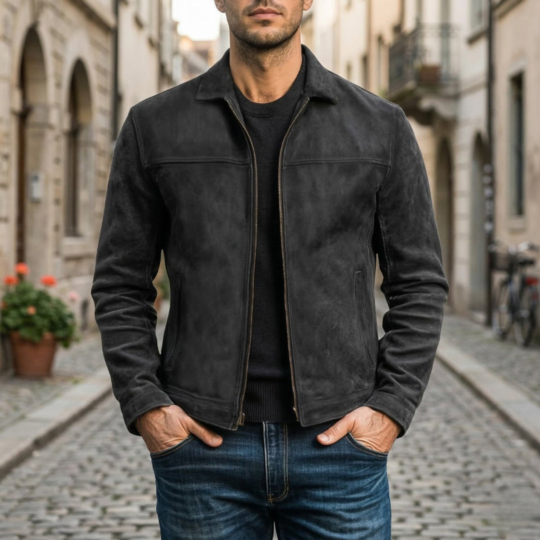 Mens Jacket Fitted Distressed Leather Full-Zip Bomber