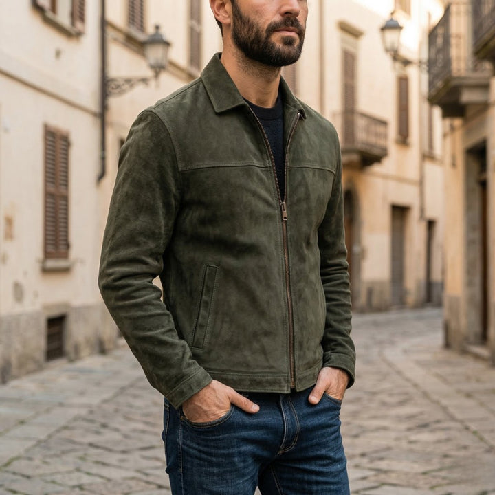 Mens Jacket Fitted Distressed Leather Full-Zip Bomber