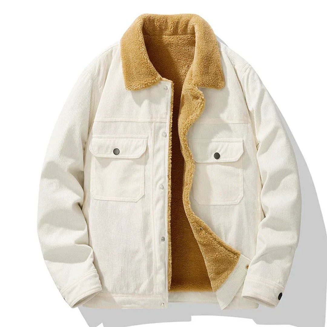 Mens Jacket Fleece-Lined Corduroy Snap-Button Coat
