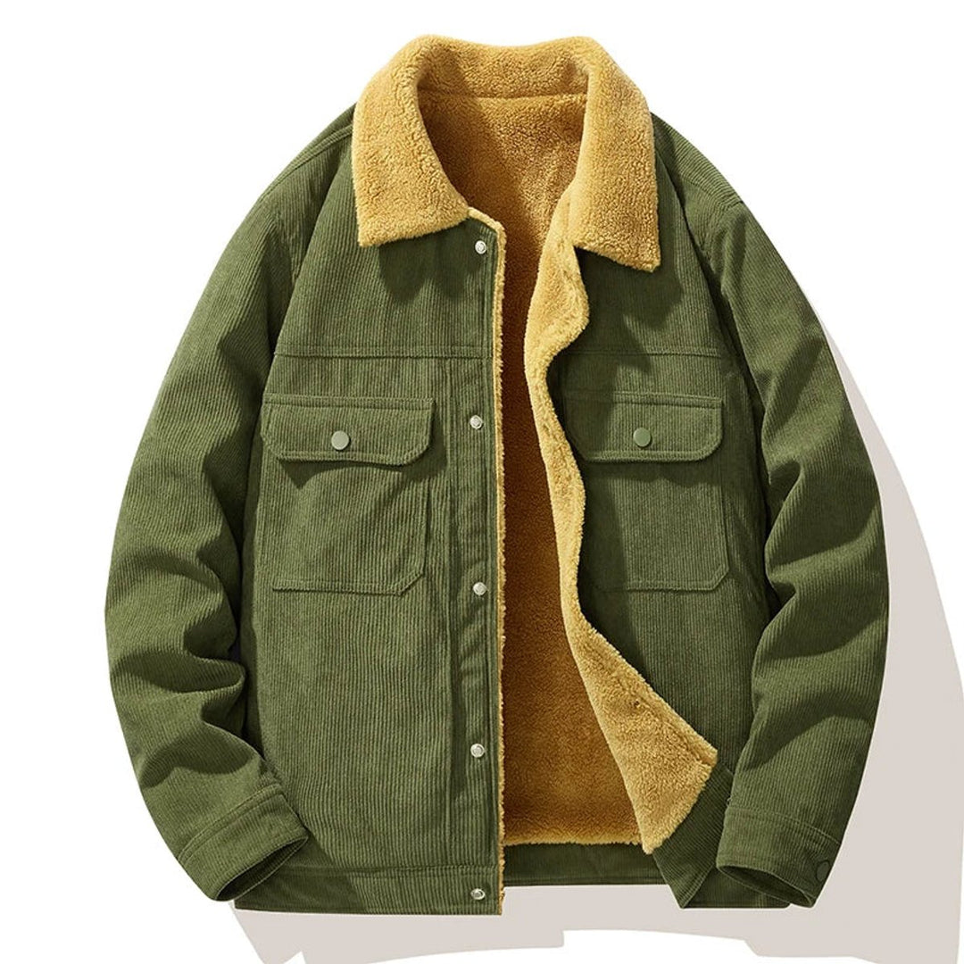 Mens Jacket Fleece-Lined Corduroy Snap-Button Coat