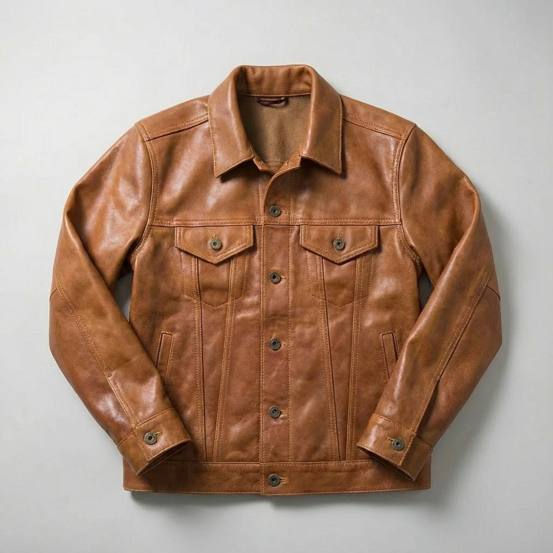 Mens Jacket Full-Grain Leather Trucker Coat Button-Front