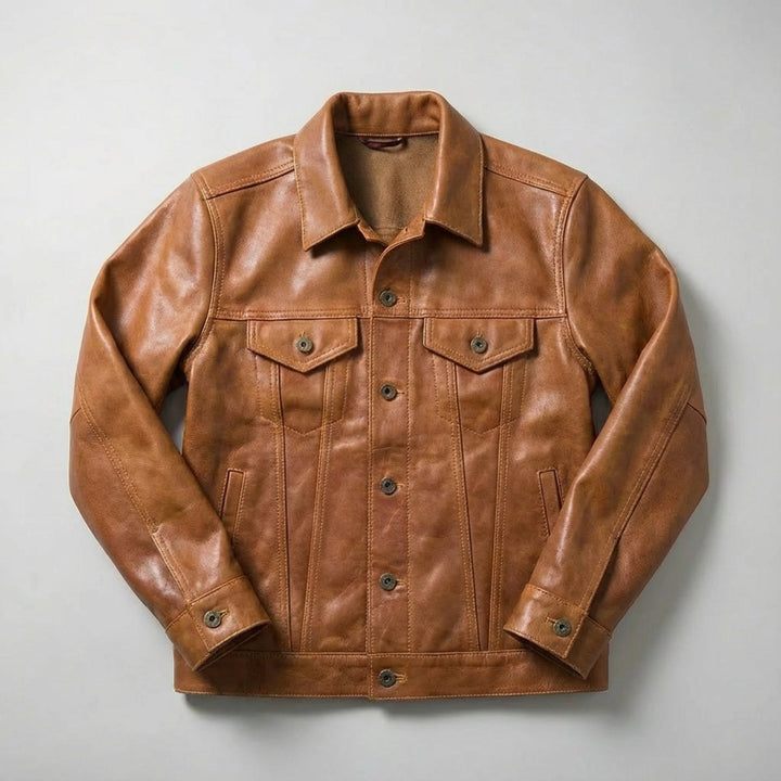 Mens Jacket Full-Grain Leather Trucker Coat Button-Front