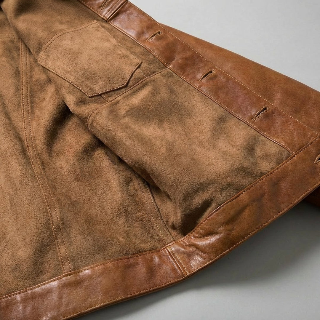 Mens Jacket Full-Grain Leather Trucker Coat Button-Front