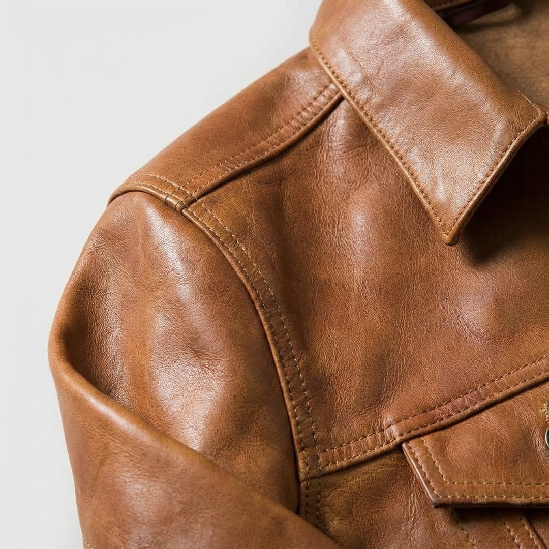 Mens Jacket Full-Grain Leather Trucker Coat Button-Front