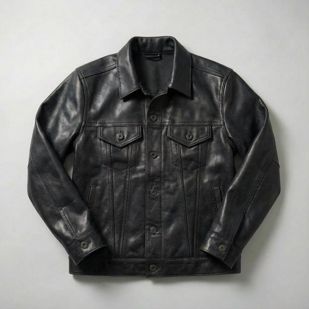 Mens Jacket Full-Grain Leather Trucker Coat Button-Front