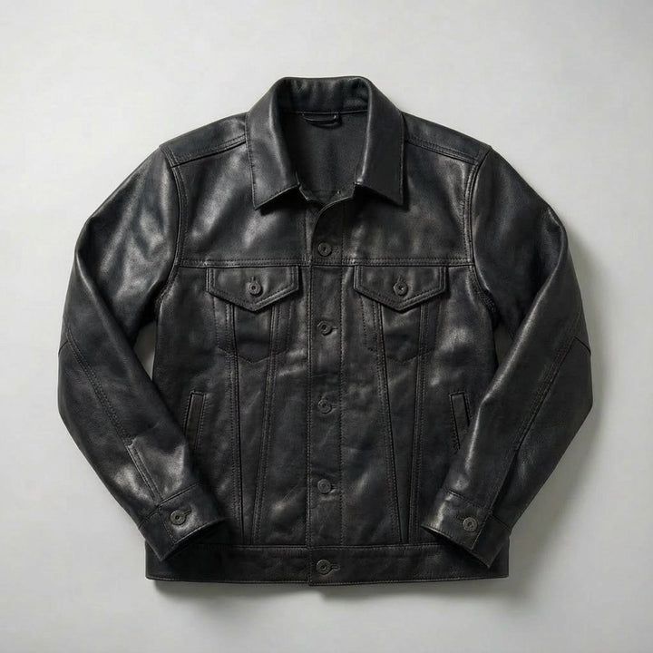 Mens Jacket Full-Grain Leather Trucker Coat Button-Front
