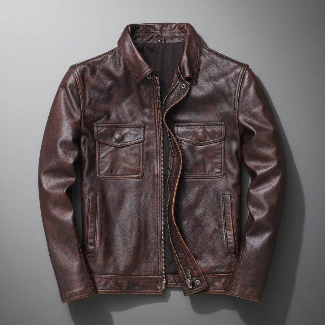 Mens Jacket Genuine Leather Field Bomber Jacket Utility Pockets