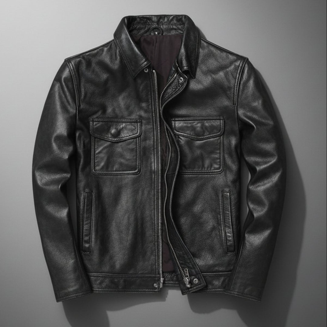 Mens Jacket Genuine Leather Field Bomber Jacket Utility Pockets