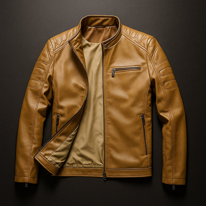 Mens Jacket Premium Full-Grain Leather Zip-Through Biker Coat