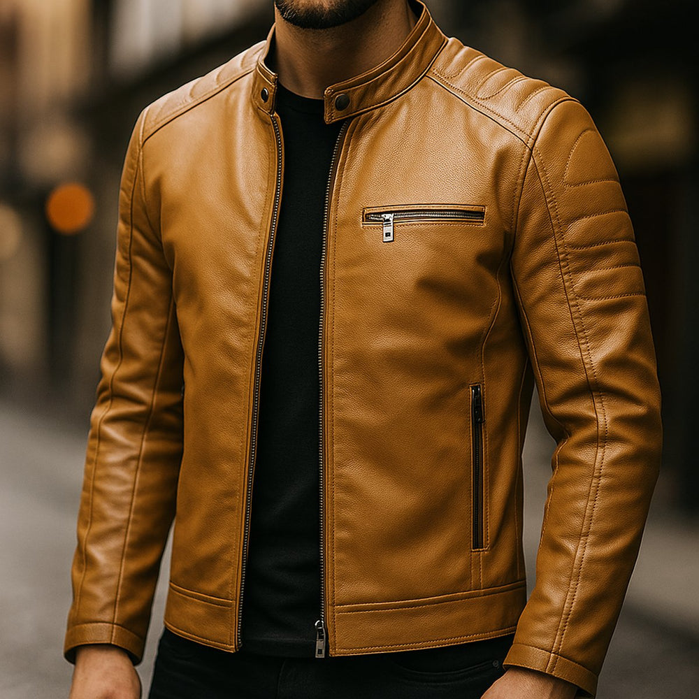 Mens Jacket Premium Full-Grain Leather Zip-Through Biker Coat