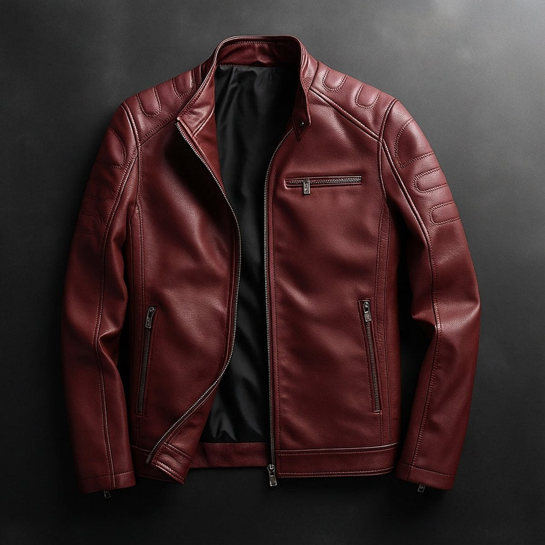 Mens Jacket Premium Full-Grain Leather Zip-Through Biker Coat