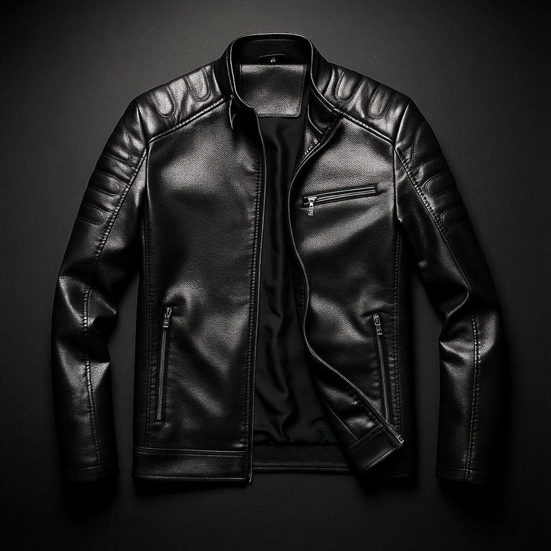 Mens Jacket Premium Full-Grain Leather Zip-Through Biker Coat