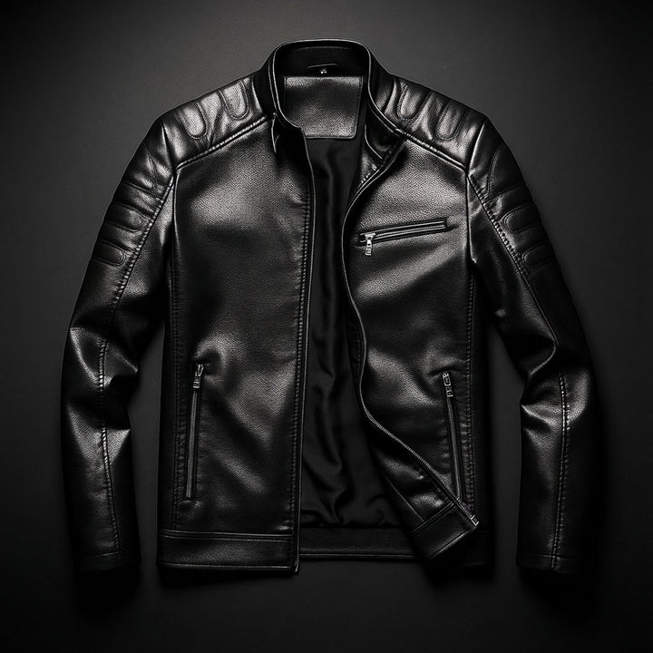 Mens Jacket Premium Full-Grain Leather Zip-Through Biker Coat