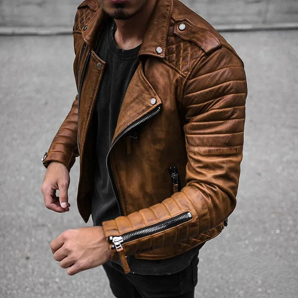 Mens Jacket Quilted Faux Leather Biker Bomber Jacket