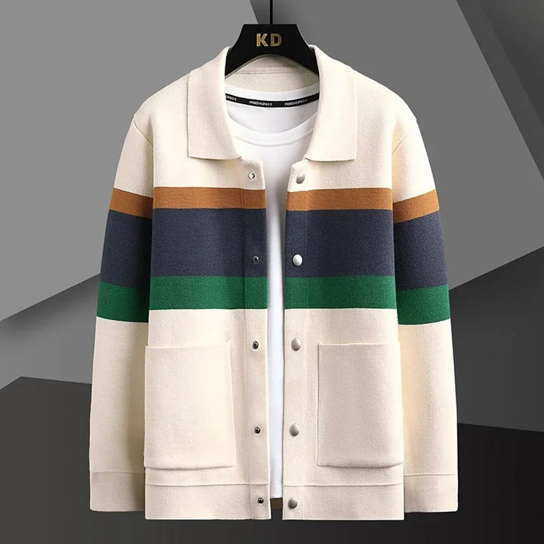 Mens Jacket Striped Button-Front Relaxed Knit Cardigan Coat