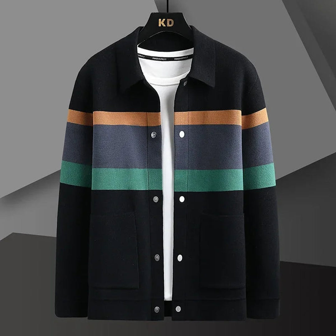 Mens Jacket Striped Button-Front Relaxed Knit Cardigan Coat