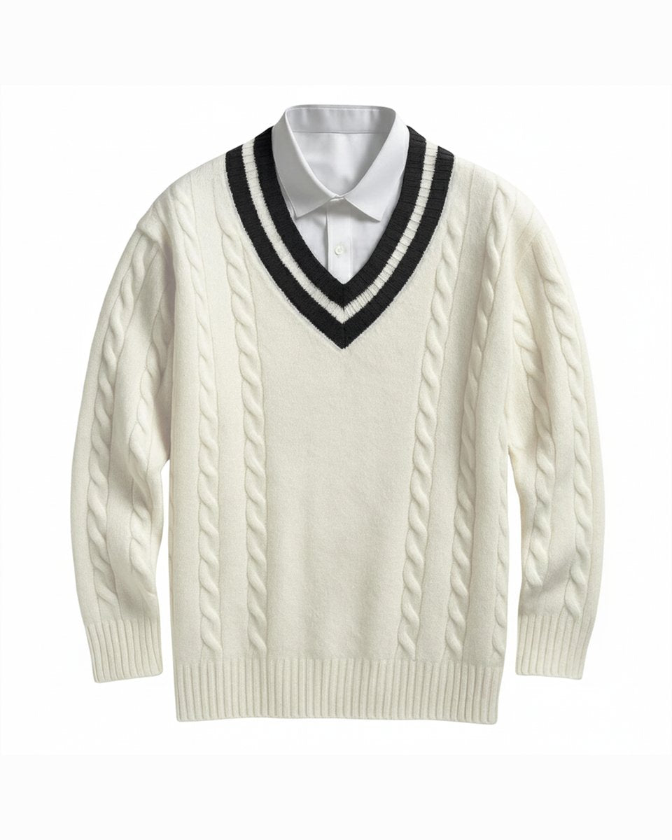 Mens Jumper Cable-Knit V-Neck Collegiate Pullover