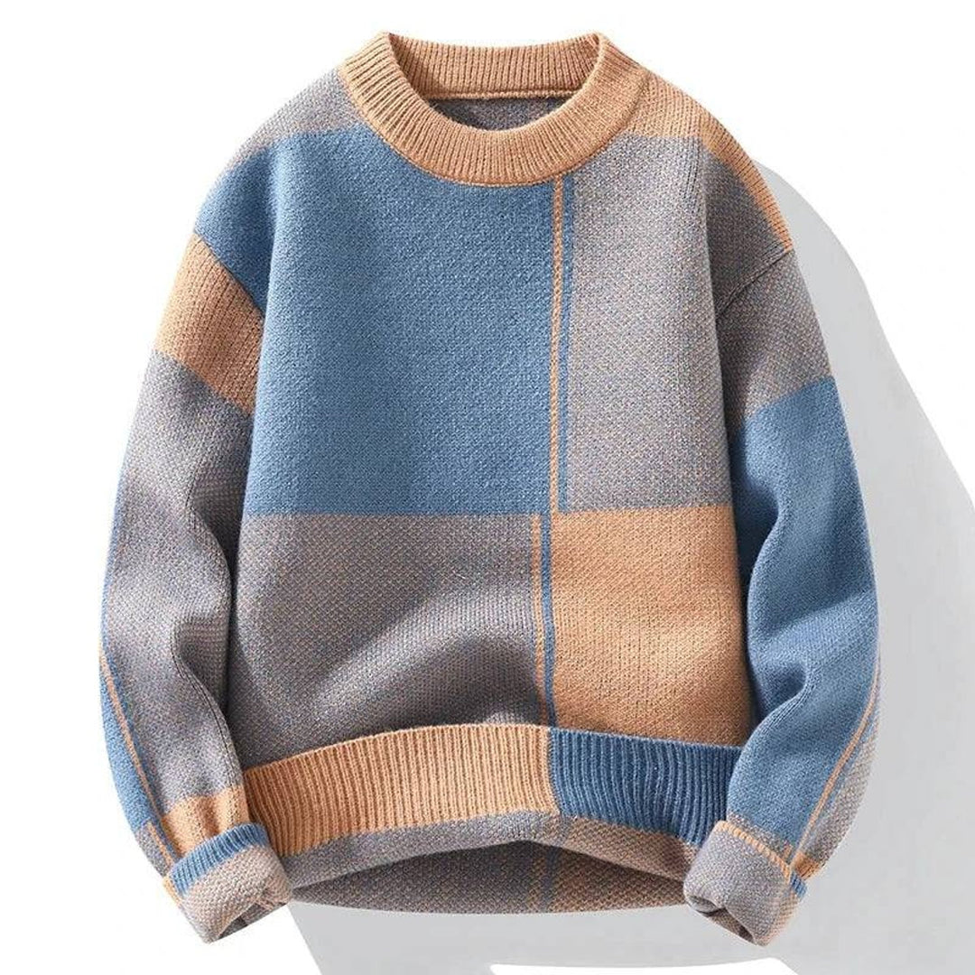 Mens Jumper Colour Block Relaxed Fit Knitted Crew Neck Pullover