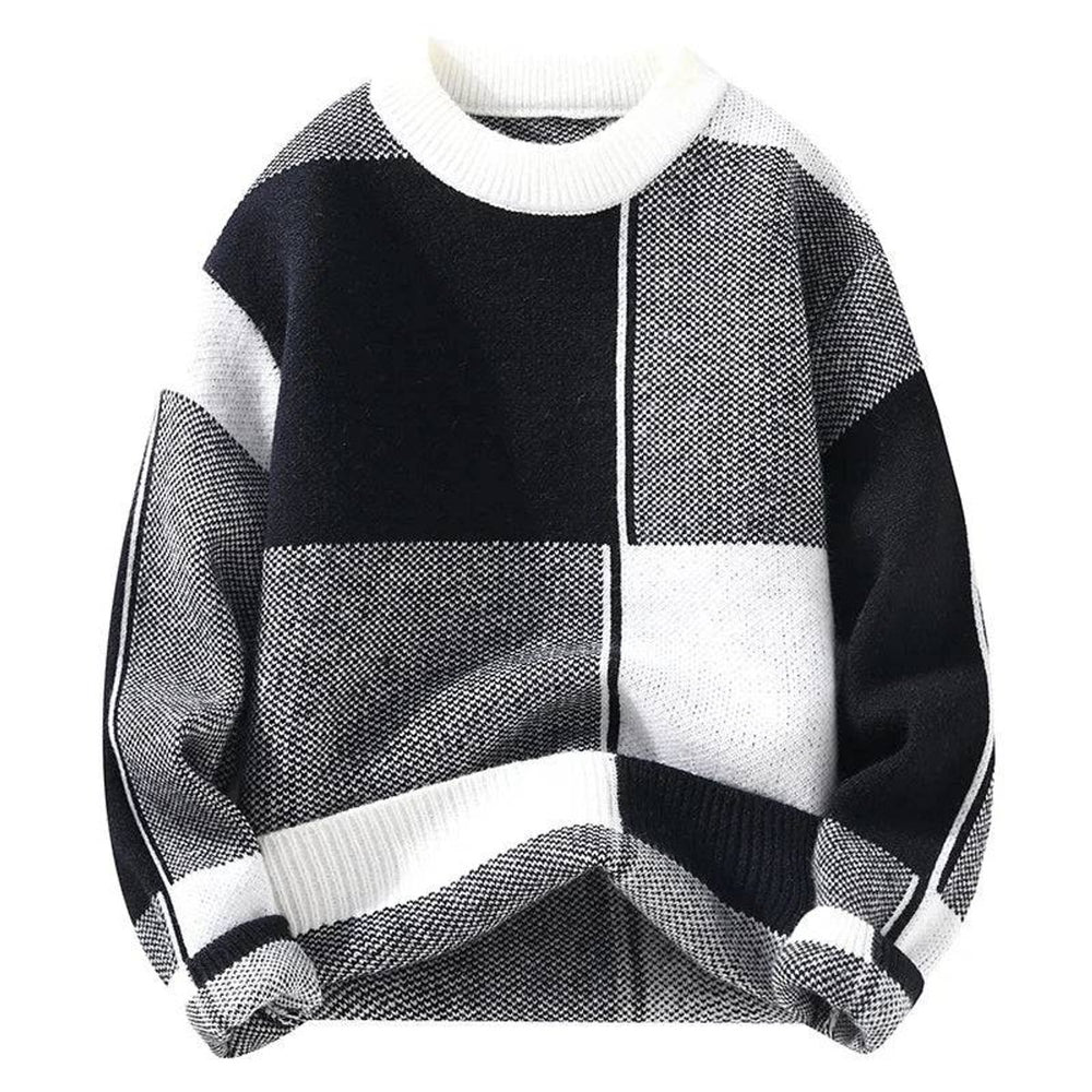 Mens Jumper Colour Block Relaxed Fit Knitted Crew Neck Pullover