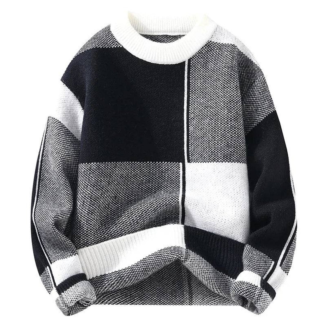 Mens Jumper Colour Block Relaxed Fit Knitted Crew Neck Pullover