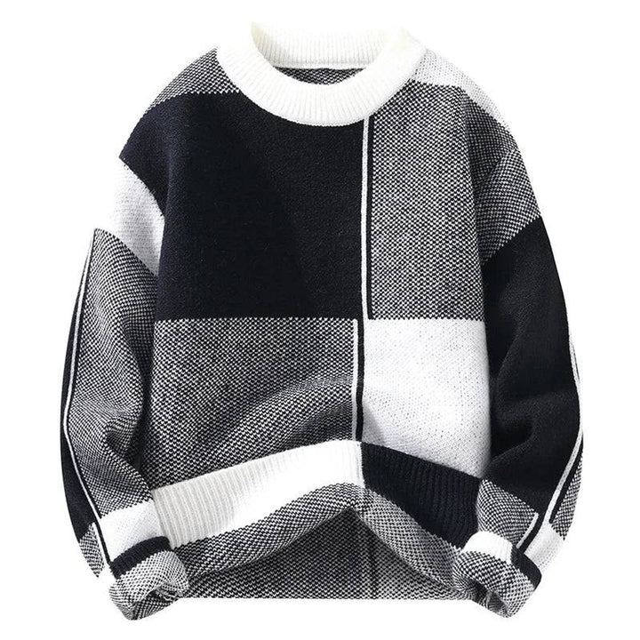 Mens Jumper Colour Block Relaxed Fit Knitted Crew Neck Pullover