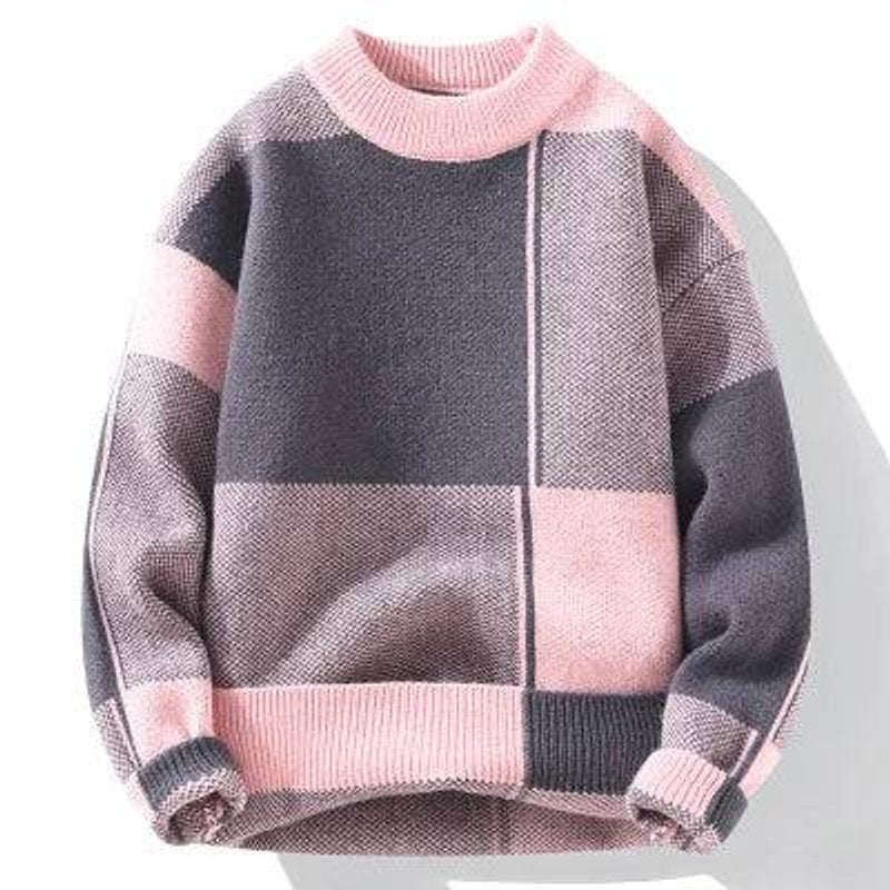 Mens Jumper Colour Block Relaxed Fit Knitted Crew Neck Pullover