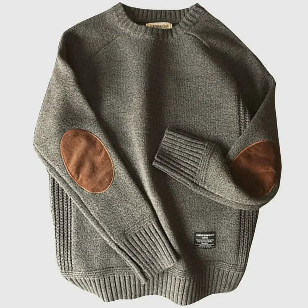 Mens Jumper Elbow Patch Ribbed Knit Crew Neck Pullover