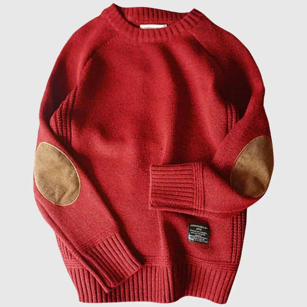 Mens Jumper Elbow Patch Ribbed Knit Crew Neck Pullover