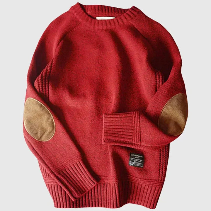 Mens Jumper Elbow Patch Ribbed Knit Crew Neck Pullover