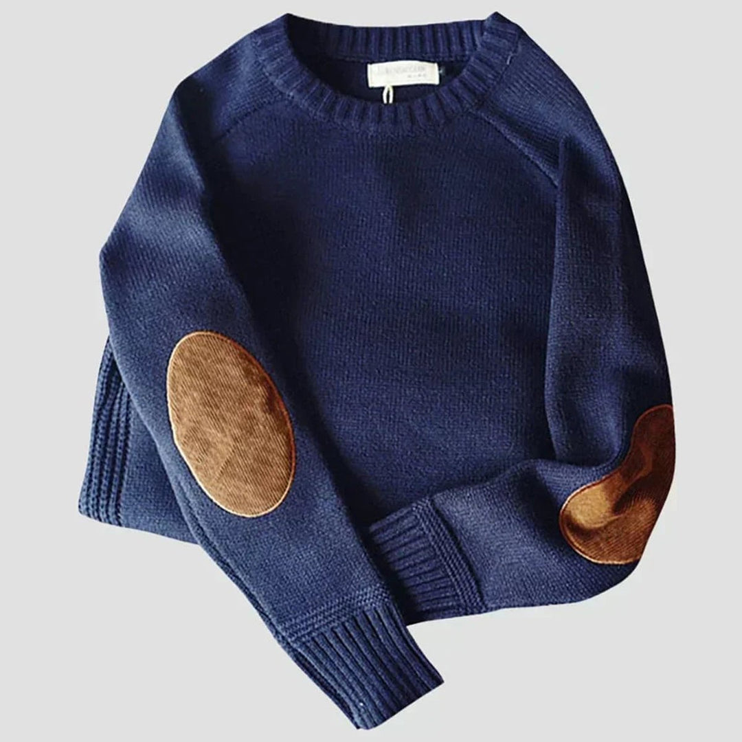 Mens Jumper Elbow Patch Ribbed Knit Crew Neck Pullover