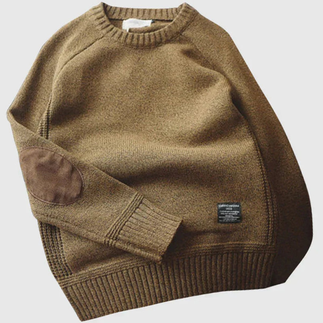 Mens Jumper Elbow Patch Ribbed Knit Crew Neck Pullover