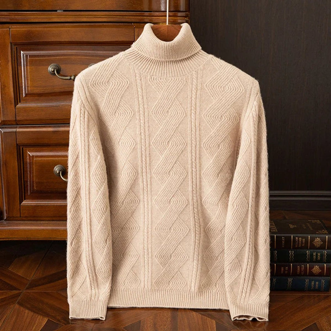 Mens Jumper Extrafine Merino Wool Turtleneck Cable-Knit Pullover