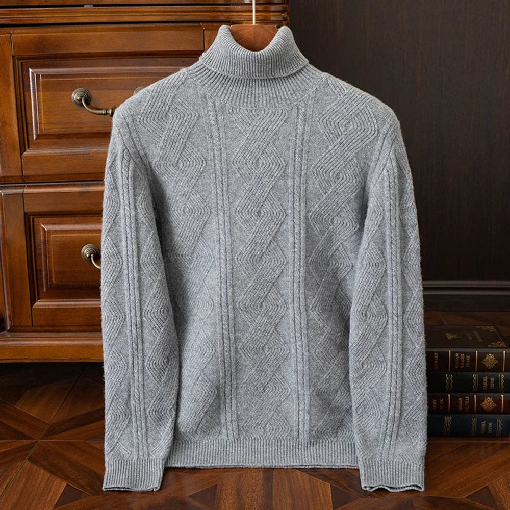 Mens Jumper Extrafine Merino Wool Turtleneck Cable-Knit Pullover