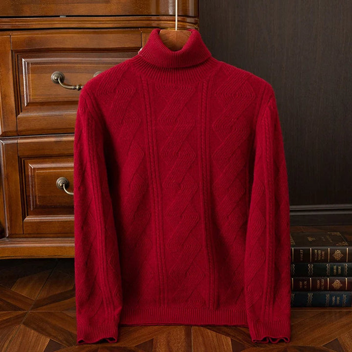 Mens Jumper Extrafine Merino Wool Turtleneck Cable-Knit Pullover