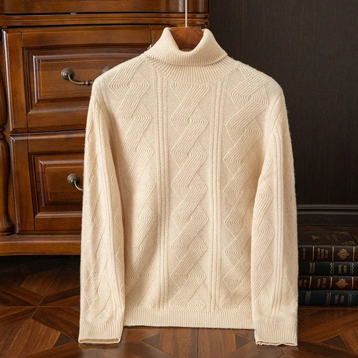 Mens Jumper Extrafine Merino Wool Turtleneck Cable-Knit Pullover