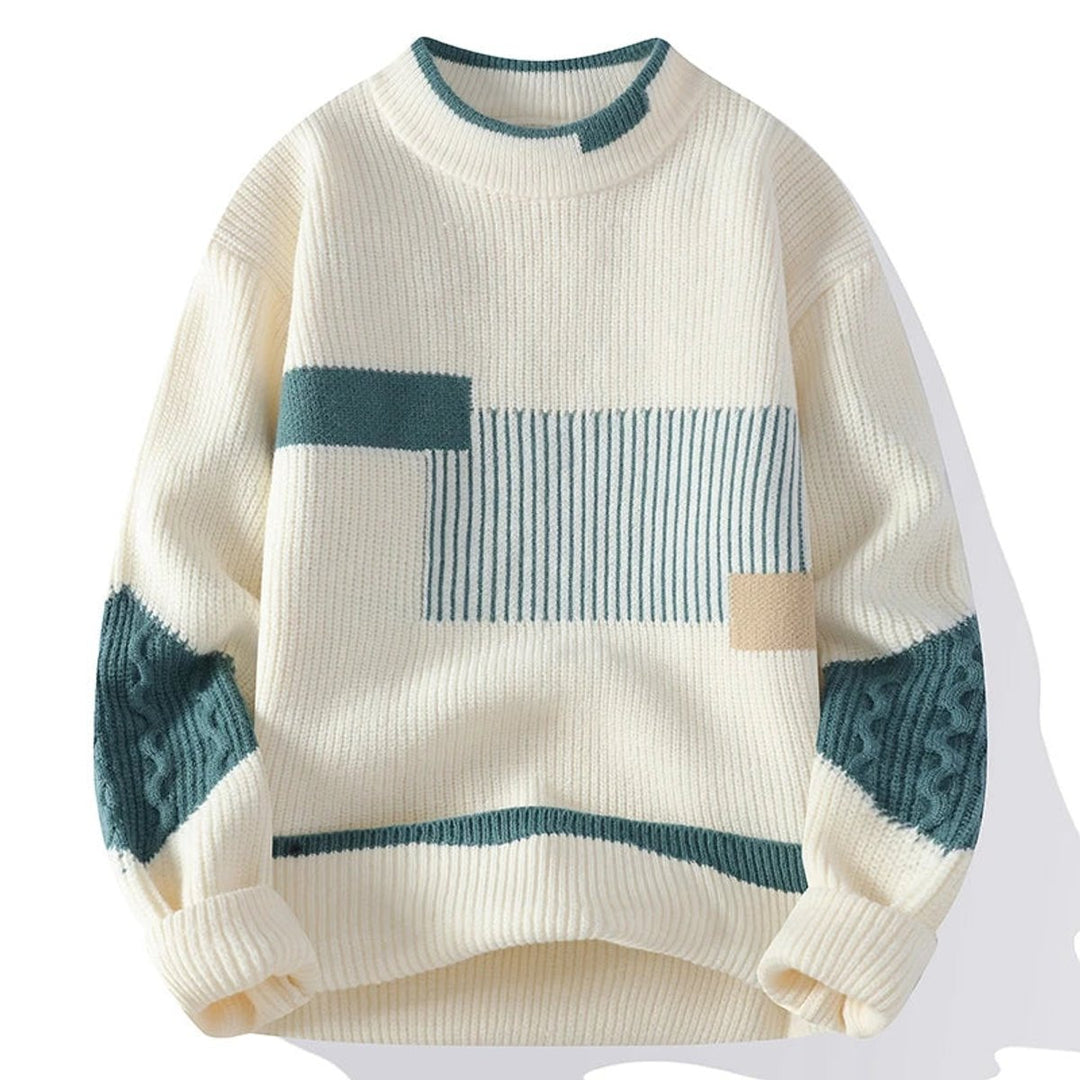 Mens Jumper Geometric Patchwork Heavyweight Cotton Knit Pullover