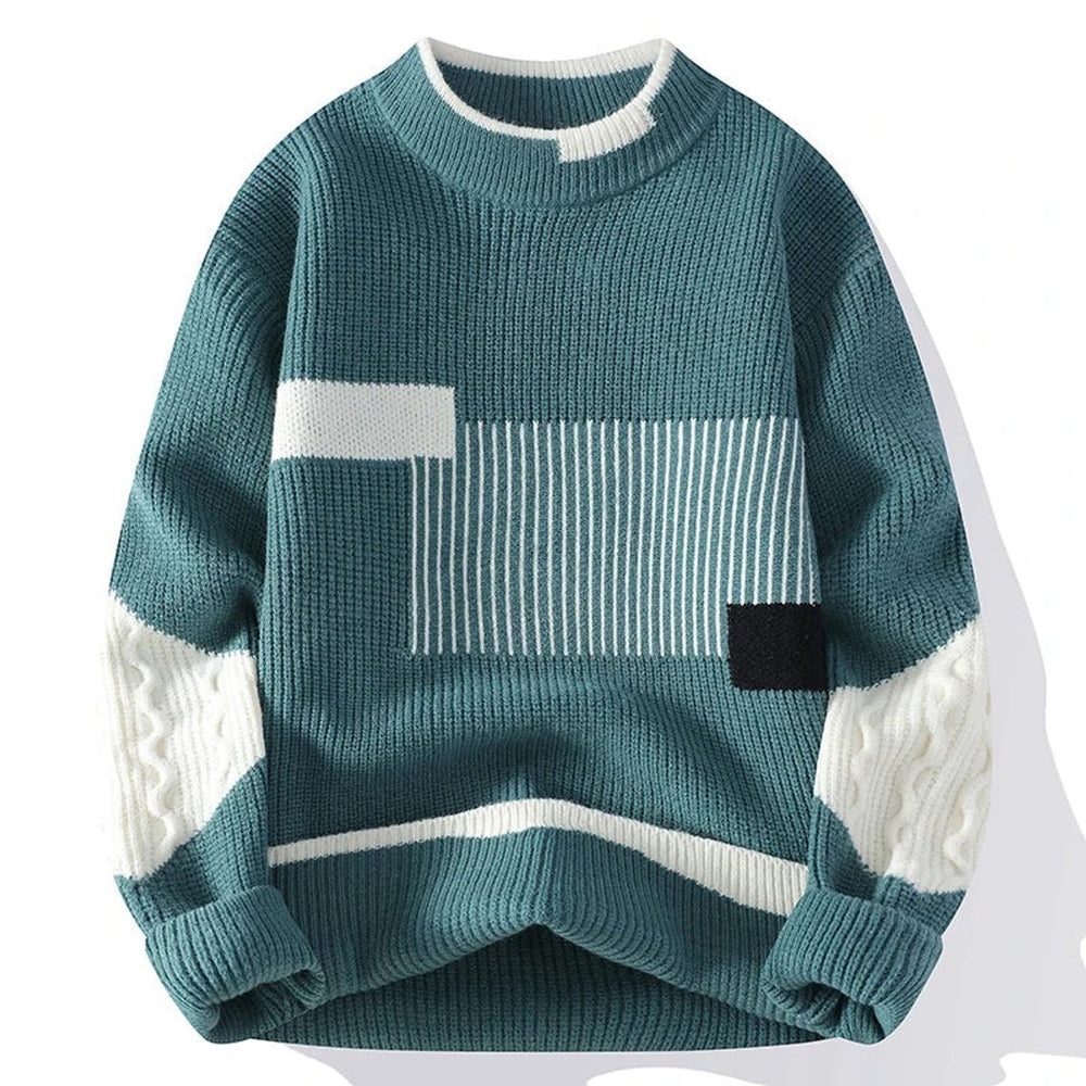 Mens Jumper Geometric Patchwork Heavyweight Cotton Knit Pullover