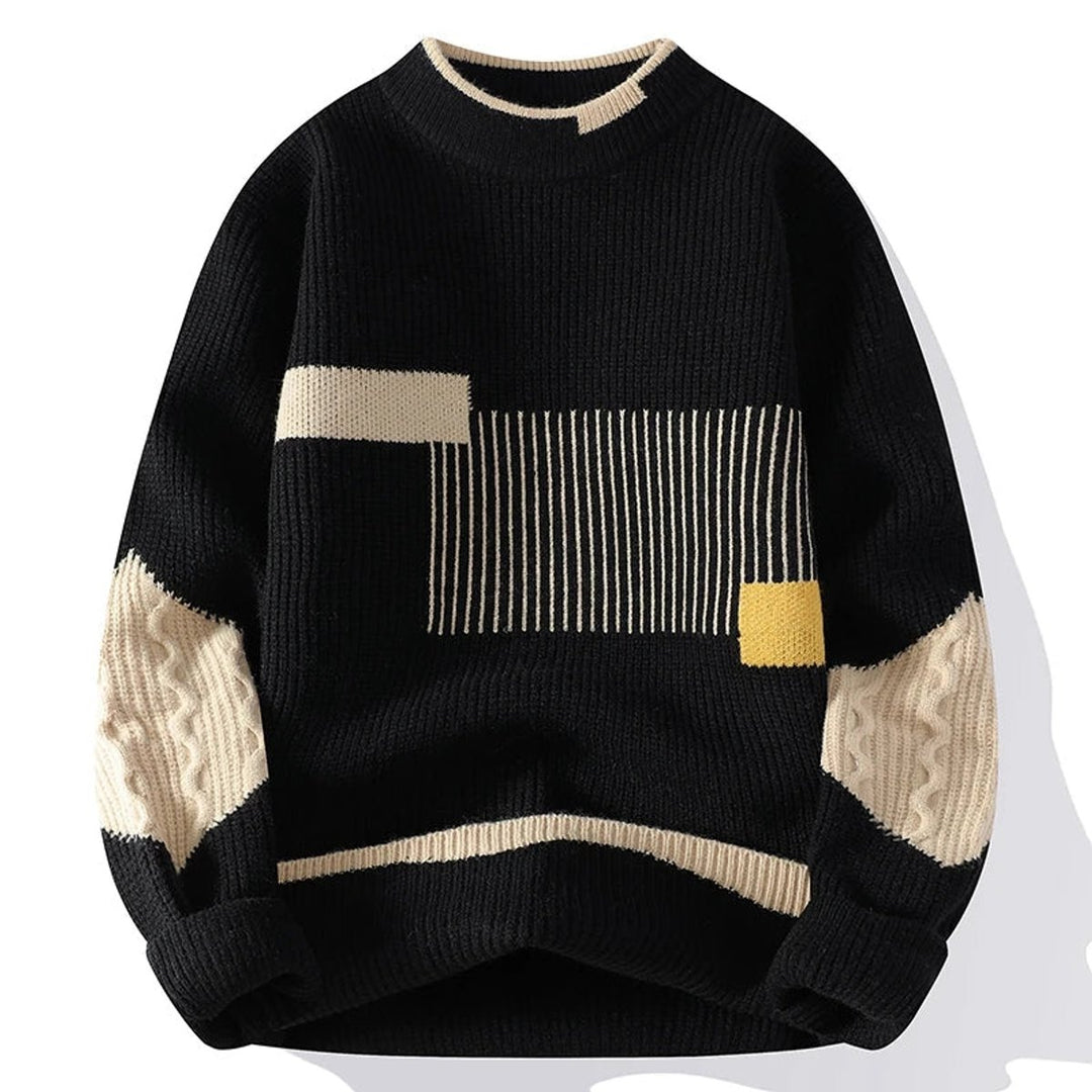 Mens Jumper Geometric Patchwork Heavyweight Cotton Knit Pullover
