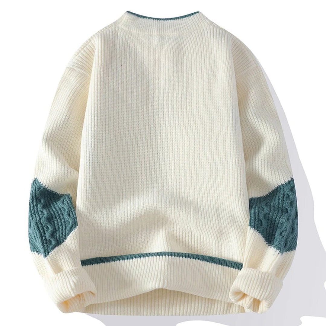 Mens Jumper Geometric Patchwork Heavyweight Cotton Knit Pullover