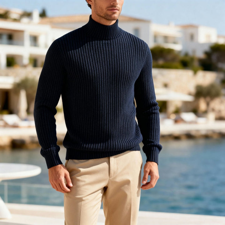 Mens Jumper Heavyweight Cotton Ribbed Mock Neck Pullover