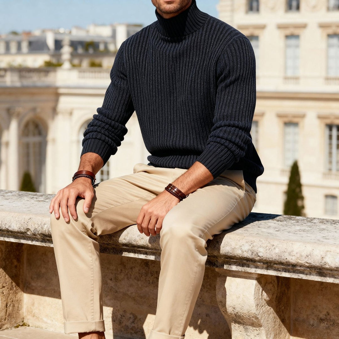 Mens Jumper Heavyweight Cotton Ribbed Mock Neck Pullover